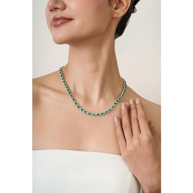 Not Yet Made - Made To Order Certified 22.11Ct Emerald & 4.69Ct Diamond Halo Tennis Necklace in 14k White Gold For Sale - Image 5 of 13