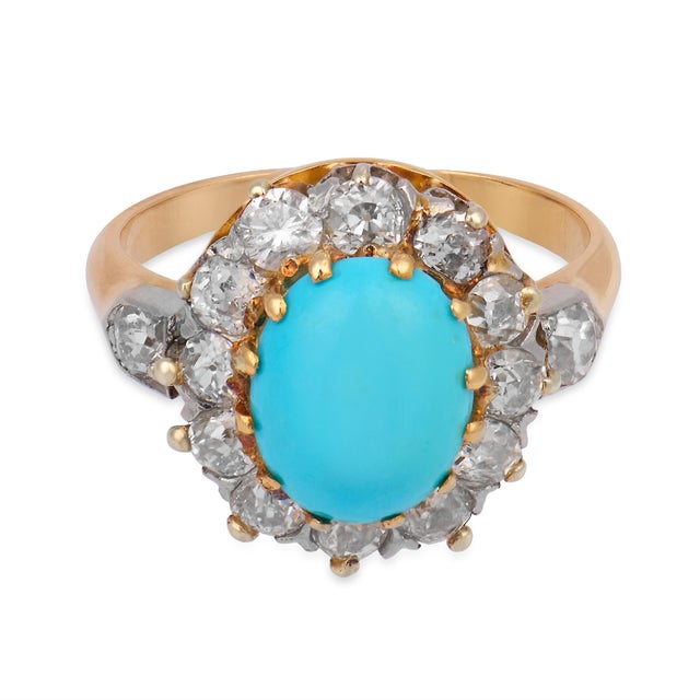 Victorian 19th Century Victorian Turquoise Rose Cut Diamond 14k Rose Gold Cluster Ring, Size 8.5 For Sale - Image 3 of 7