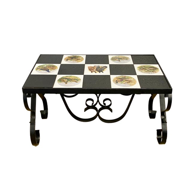 Metal 1950s French Ceramic Tile and Wrought Iron Table W/ Bird Motif For Sale - Image 7 of 8