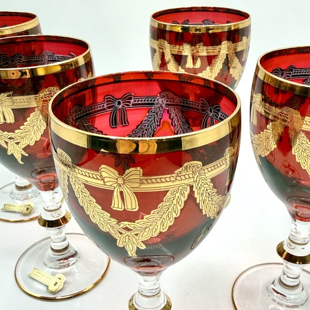 Metal Vintage Italian Ruby Red Crystal Wine Goblets with 24k Gold Neoclassical Garlands by Interglass, 1980s, Set of 6 For Sale - Image 7 of 18