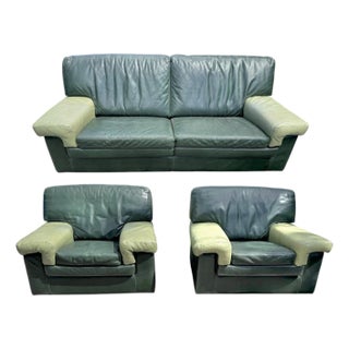 Roche Bobois Matching Sofa and Lounge Chairs in Original Green Ostrich Leather - 3 Pieces For Sale