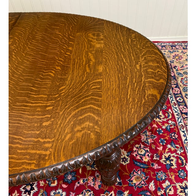 Antique English Butterfly Leaf Oval Carved Dining Table 118" Tiger Oak C1920-30s For Sale - Image 10 of 17