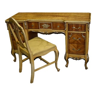 Carved & Painted Satinwood French Style Desk/Vanity W/Chair For Sale
