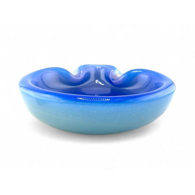 Murano Vintage Italian Murano Opaline Blue & White Cased Pinch Glass Ashtray Catchall For Sale - Image 4 of 6
