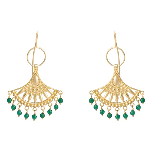 Bohemian Style Jade Sunburst Dangle Earrings, A Pair For Sale