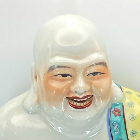 Chinoiserie Chinese Famille Rose Laughing Buddha Budai/Hotei Statue (Large 12.5”) Polychrome Ceramic Vintage For Sale - Image 3 of 18