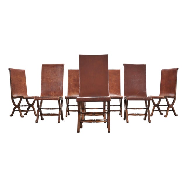 Set of Eight French Provincial Leather Oak Curule Dining Chairs For Sale