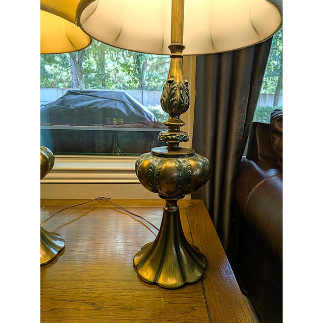 Mid 20th Century Hollywood Regency Rembrandt Brass Lamps With Original Shades - A Pair For Sale - Image 10 of 12