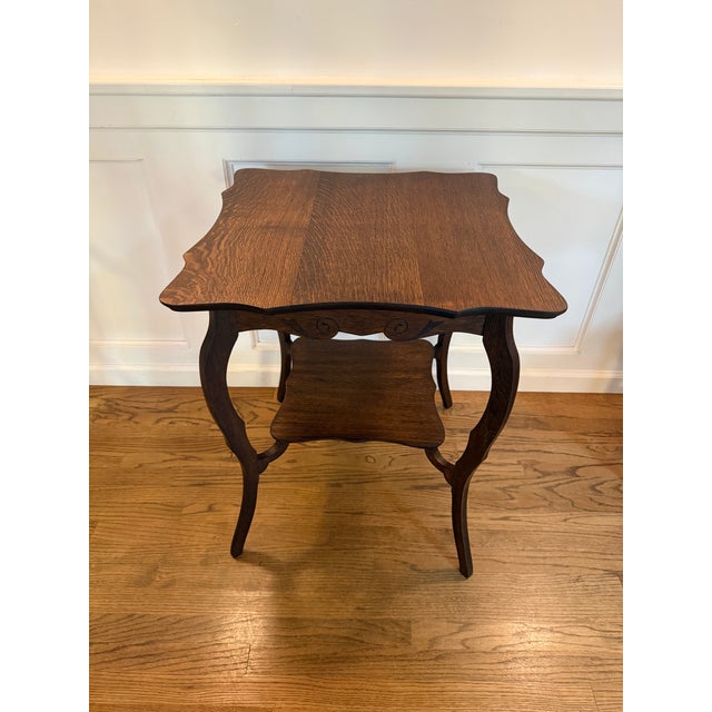 Victorian Mid 20th Century Oak Carved Scrollwork Occasional Table With Scalloped Top For Sale - Image 3 of 6