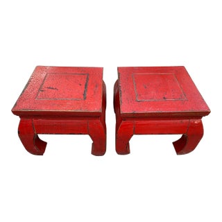 Vintage Distressed Red Lacquered Kang or Opium Side Tables - a Pair For Sale