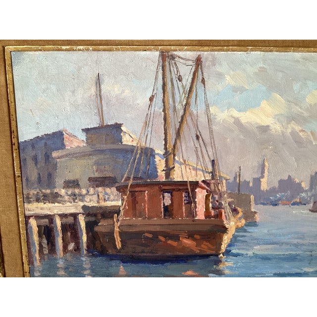 Elegant impressionist style painting of a city harbor scene. The original frame with intentional distressed finish. 18...