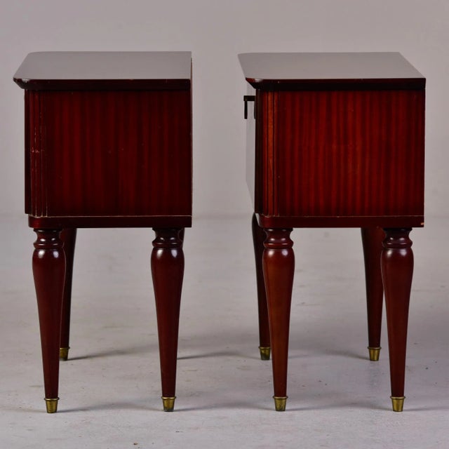Mid Century Italian Tiger Wood Bedside Chests With Brass Tipped Legs and Hardware - Pair For Sale - Image 11 of 13