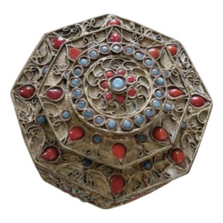 Vintage Nepal Tibetan Box | Inlaid Coral & Turquoise For Sale