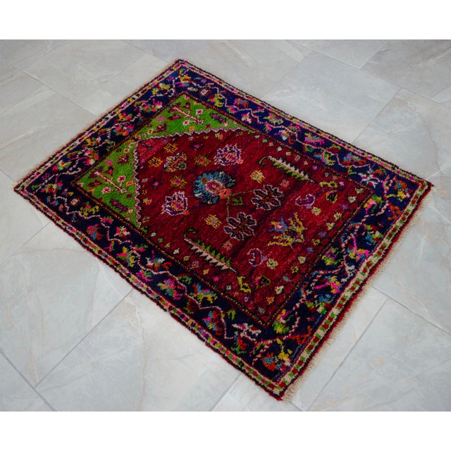 Vintage Hand-Knotted Turkish Rug Prayer Rug Ultra Soft Wool Rug Wall Decor Religious Tapestry 3x4 Ft Approx For Sale - Image 6 of 15