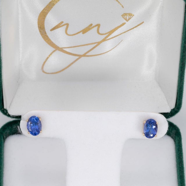 Modern Natural Tanzanite Stud Earrings, Aaa Oval 7x5mm, Solid 14k Gold Studs, Pair For Sale - Image 3 of 8