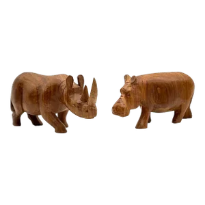 Mid 20th Century Carved Teak Wood Rhinoceros and Hippopotamus Figurines
