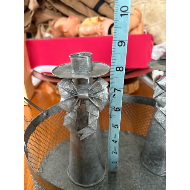 Metal 1990s Handcrafted Philippine Galvanized Metal Bow Candleholders & Heart Basket – 3 Pc Set For Sale - Image 7 of 8