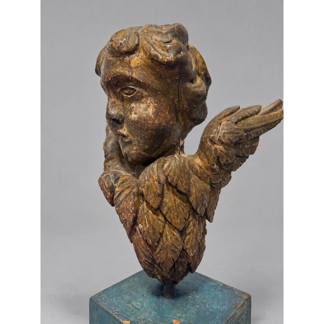 Wood 19th Century, Italian Giltwood Winged Cherub Fragment on Faux Marbleized Base For Sale - Image 7 of 11