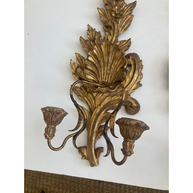 Italian Baroque Carved Gilt Wood Wall Sconces - A Pair For Sale In Los Angeles - Image 6 of 11