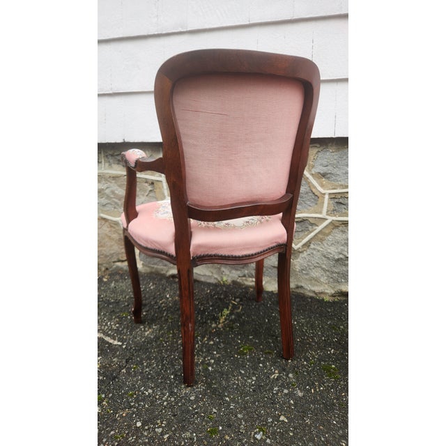 Pair of Vintage Louis XV Style French Provincial Open Armchairs With Pink Romantic Tapestry Upholstery For Sale - Image 10 of 17