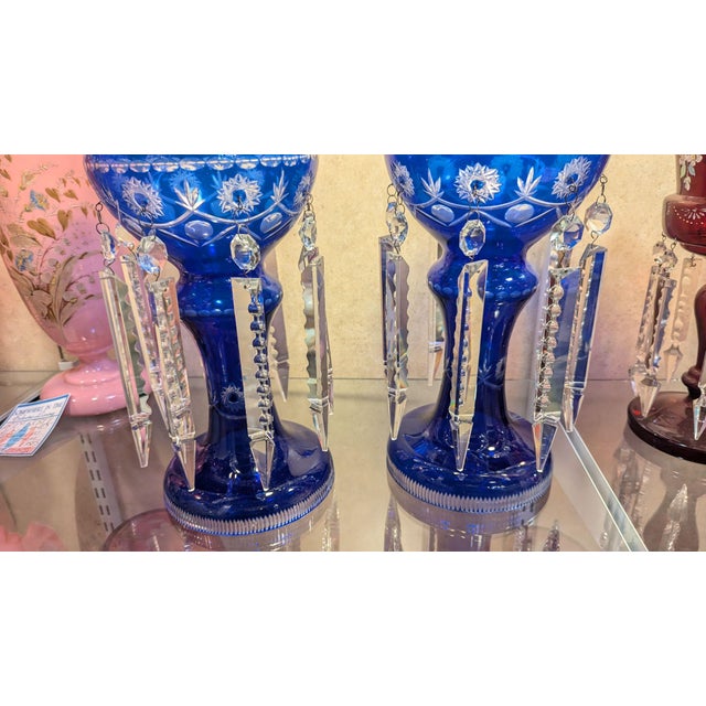 Early 21st Century Cobalt Flashed Crystal Lusters- a Pair For Sale - Image 5 of 8