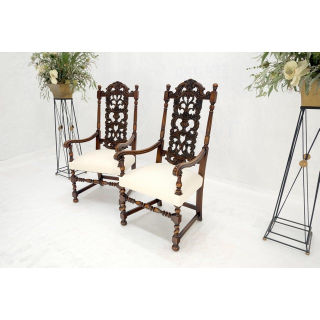 Gothic Carved Walnut Tall Backs New Upholstery Fireside Arm Side Chairs - A Pair For Sale - Image 3 of 12