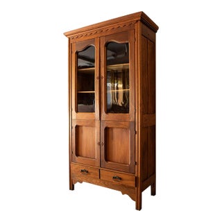 Antique 20th Century American Oak Kitchen Cupboard & Glass Display Hutch For Sale