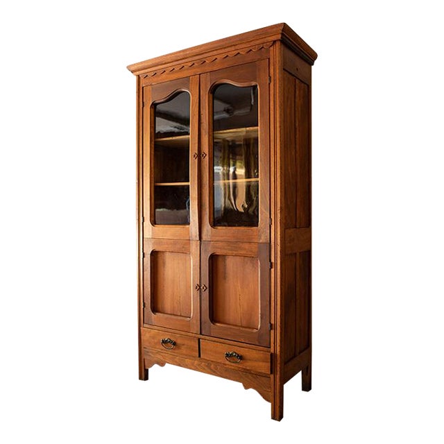 Antique 20th Century American Oak Kitchen Cupboard & Glass Display Hutch For Sale