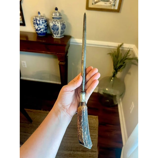 Antique Sterling Silver Mounted Stag Horn Carving Set, Meat Fork and Sharpening Steel For Sale - Image 12 of 15