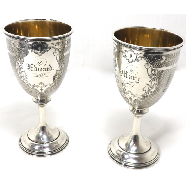 Silver 1850s American Coin Silver 'Edward and Mary' Wedding Set Goblets - a Pair For Sale - Image 8 of 13
