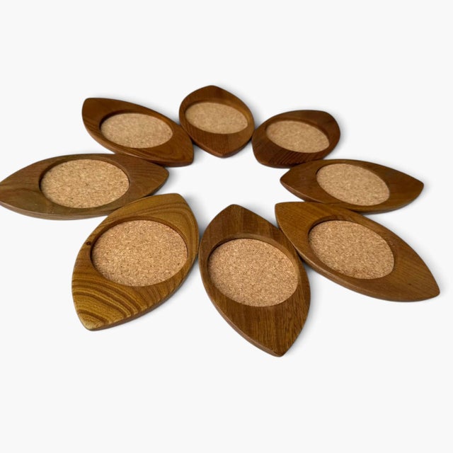 1960s Mid Century Modern Ellipse Form Wood & Cork Coasters — Set of 8 For Sale - Image 4 of 6