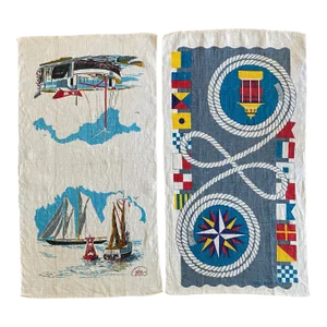 Large Midcentury Nautical Sailing Linen Tea Towels With Blue and White Motif - a Pair