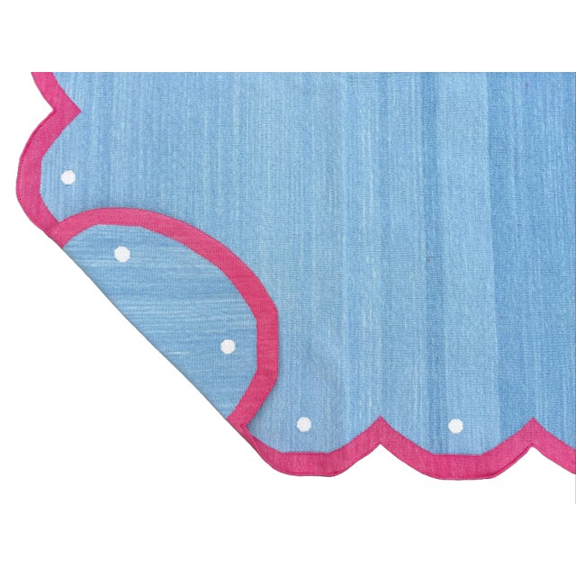 Casa Cosima Handmade Cotton Area Four Sided Scalloped Rug Dhurrie Sky Blue and Pink Border-9'x12' For Sale - Image 4 of 10