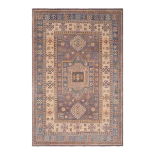 Southwestern Kazak Rustic Light Gray/Light Blue Wool Rug - 3'10''x5'10'' For Sale
