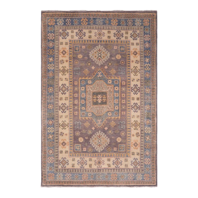 Southwestern Kazak Rustic Light Gray/Light Blue Wool Rug - 3'10''x5'10'' For Sale