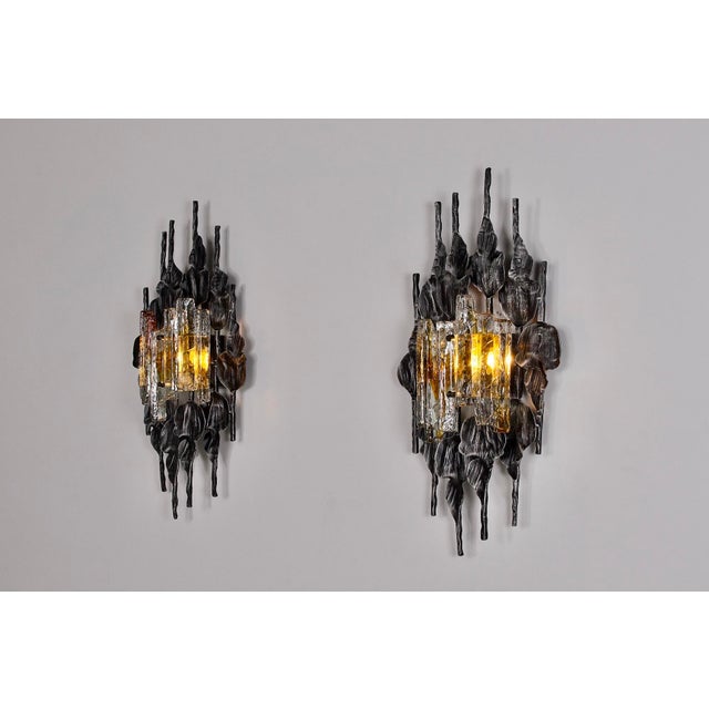 Mid-Century Modern Large Brutalist Wall Sconces in Wrought Iron and Glass, 1970s, Set of 2 For Sale - Image 3 of 14