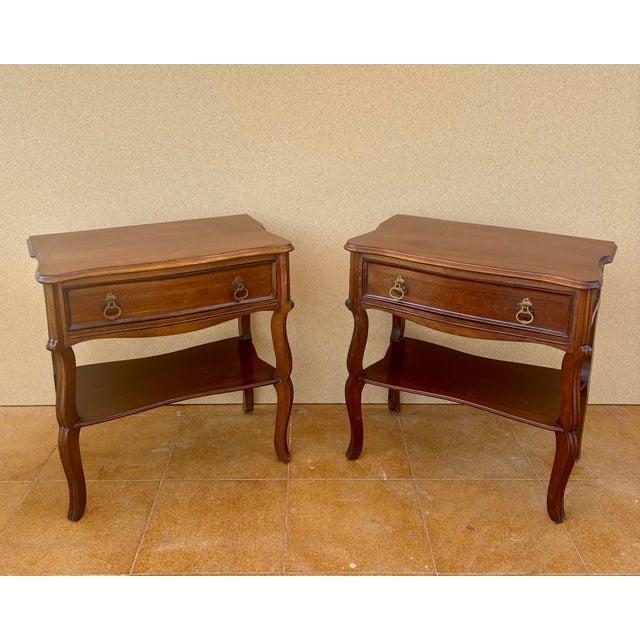 Spanish Wood Bedside Tables with Drawers and Lower Shelves, 1940s, Set of 2 For Sale - Image 3 of 12