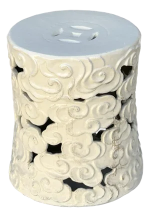 1980s Off White Cream Swirl Cloud Pattern Round Ceramic Stool Table