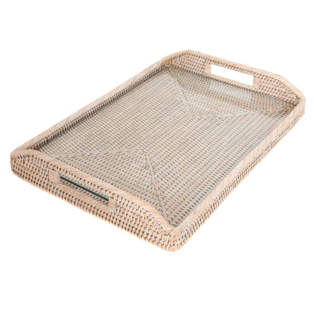 Artifacts Rattan Rectangular Tray with Glass Insert in White Wash - 17" For Sale In Houston - Image 6 of 6