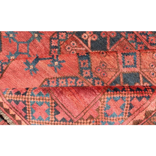 Early 20th Century Hand-Knotted Turkomen Ersari Rug in Wool With Gul Design in Red, Orange and Blue For Sale In Atlanta - Image 6 of 13