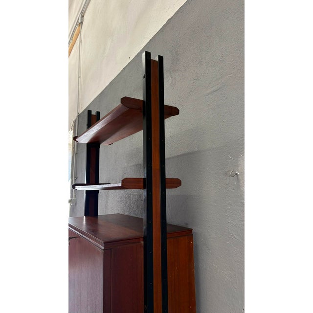 1960s Mid-Century Modern Modular Wall Unit in Veneer and Black Metal Shelving Cabinet, Europe, 1960s For Sale - Image 5 of 14