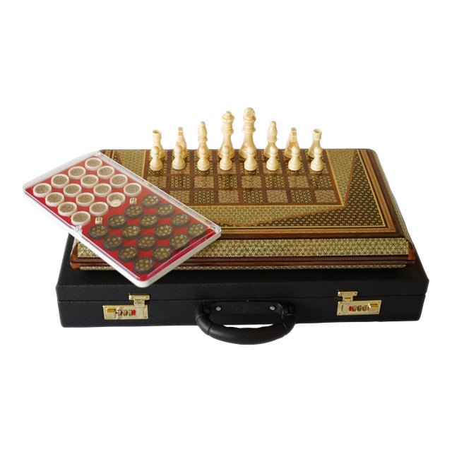 Handcrafted Chess & Backgammon Set – Geometric Marquetry Game Board | Pilardi For Sale