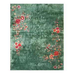 1920s Green Floral Hand Knotted Antique Chinese Art Deco Rug 7'9" X 9'6" Wool Carpet
