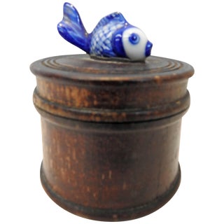 Round Wooden Box With Porcelain Koi Fish on Lid For Sale