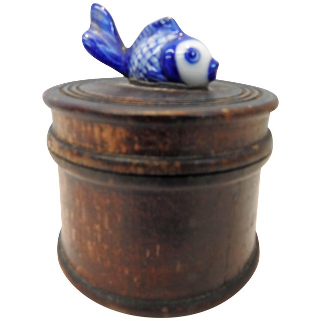 Round Wooden Box With Porcelain Koi Fish on Lid For Sale