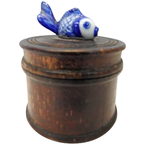 Round Wooden Box With Porcelain Koi Fish on Lid