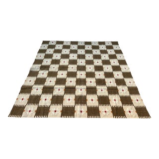 Handmade New Zealand Wool Dhurrie, Brown and Cream Geometric Rug- 9'x12' For Sale