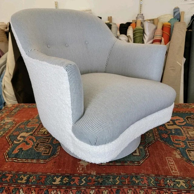1970s Drexel Faux Shearling /Ticking Swivel Chair For Sale - Image 5 of 8