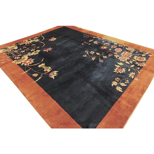 1920s Navy Blue Floral Antique Chinese Art Deco Carpet 9' X 11'2" Knotetd Wool Rug For Sale - Image 4 of 9