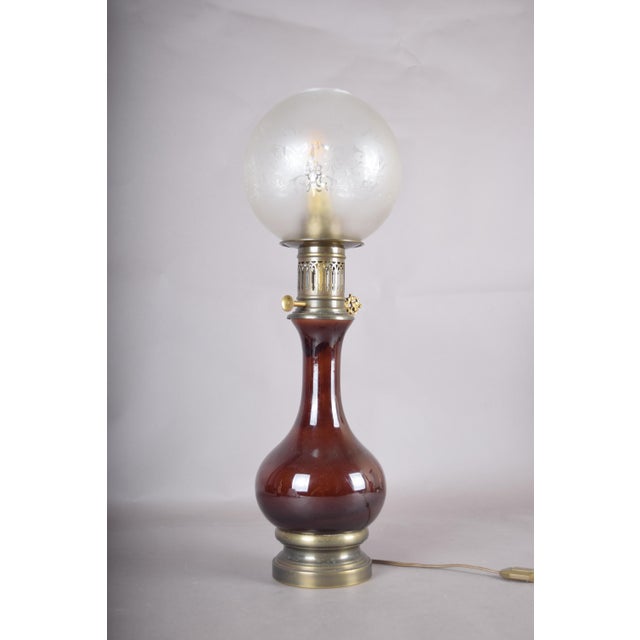 Amber-Brown Glass and Brass Table Lamp with Etched Glass Globe, 1950s For Sale - Image 11 of 18